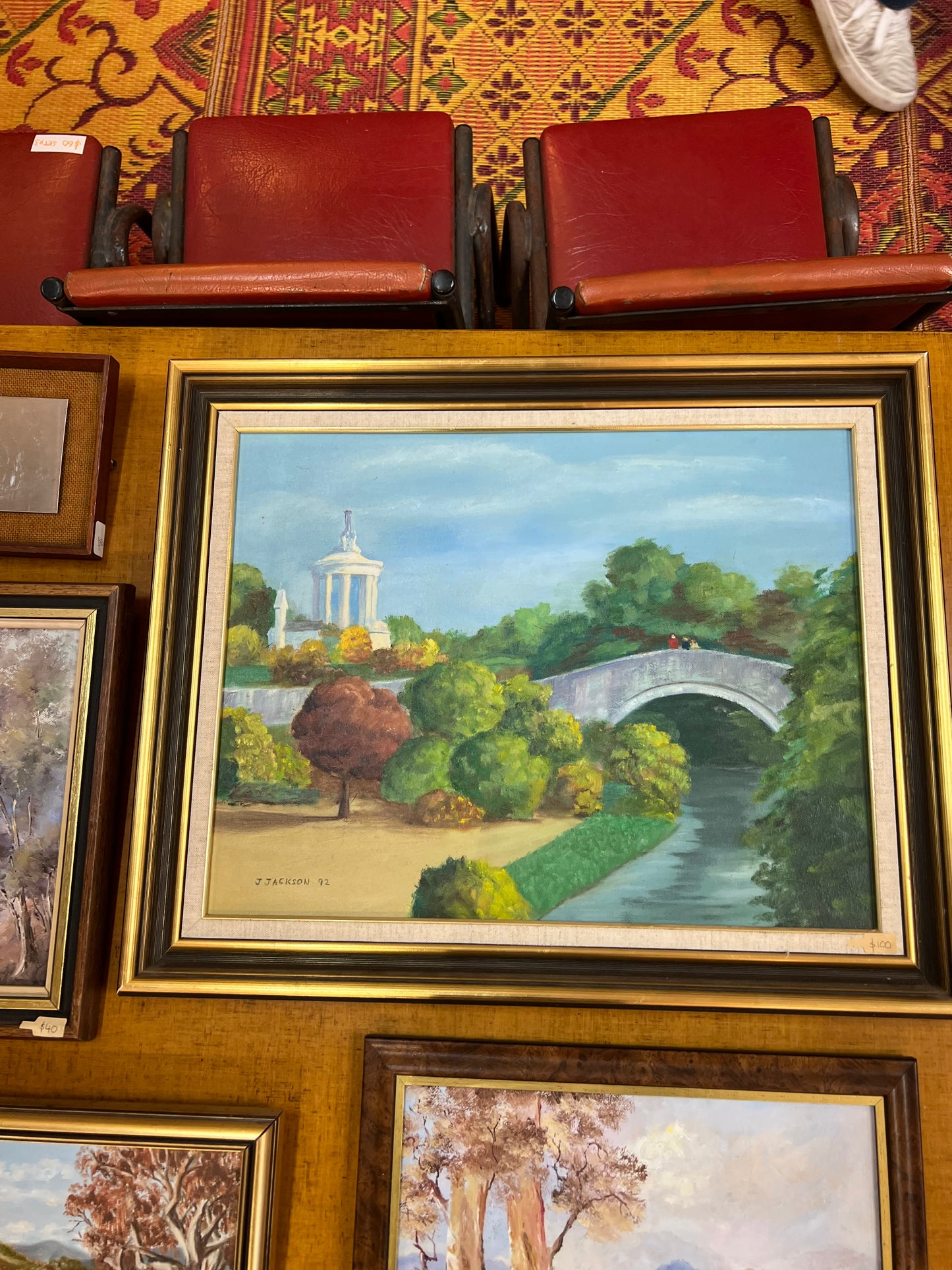 Landscape Oil Painting – J. Jackson 1992, Garden Bridge Scene with Classical Pavilion, Framed Wall Art