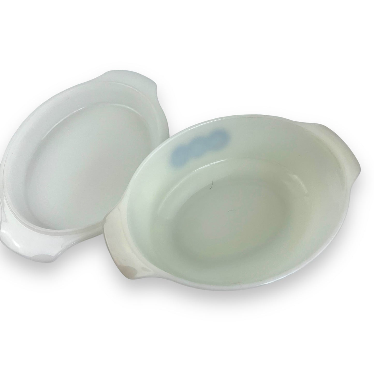 Anchor Hocking FireKing White Dish With Blue flower pattern and plain white lid - Made in USA