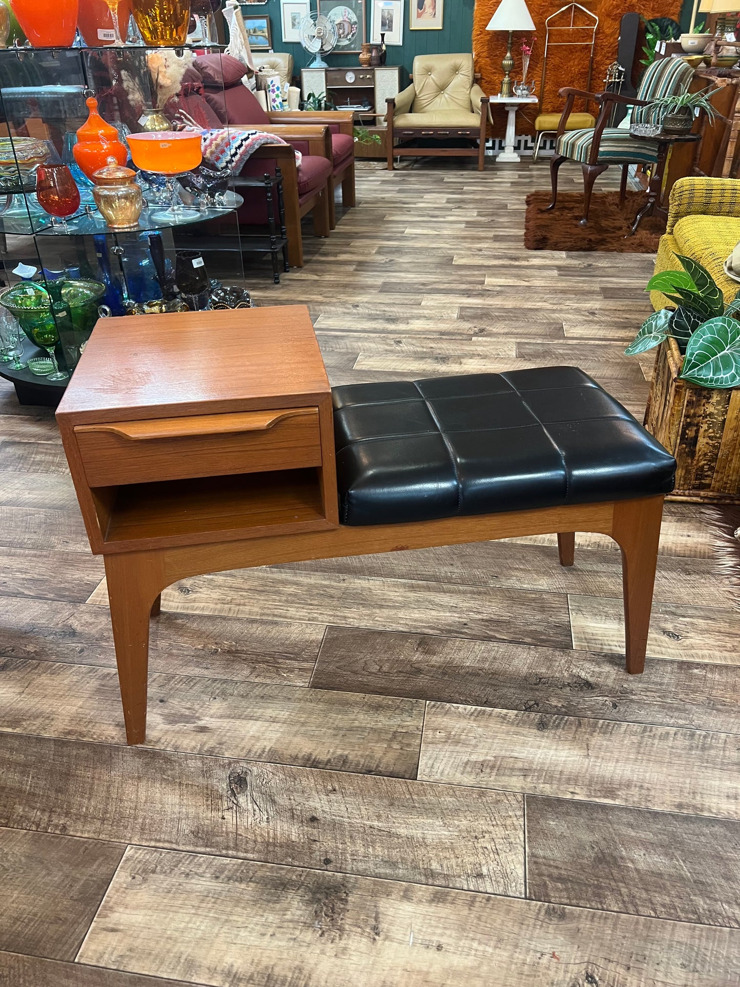 Teak Telephone Bench Seat with Black Vinyl Cushion