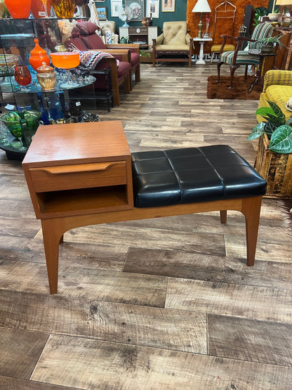Teak Telephone Bench Seat with Black Vinyl Cushion