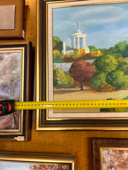 Landscape Oil Painting – J. Jackson 1992, Garden Bridge Scene with Classical Pavilion, Framed Wall Art