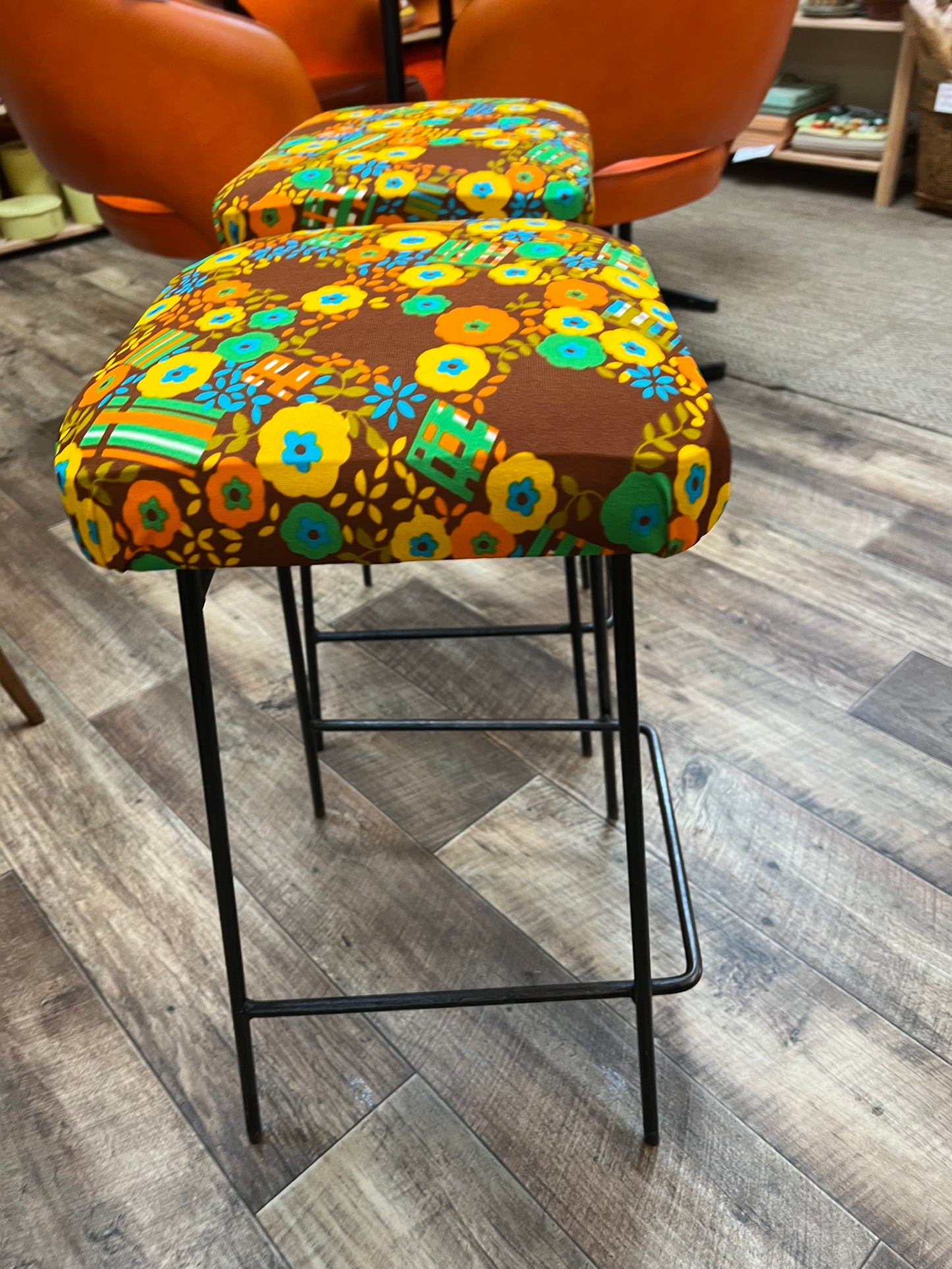 Retro flower pattern pair of stools black steel legs