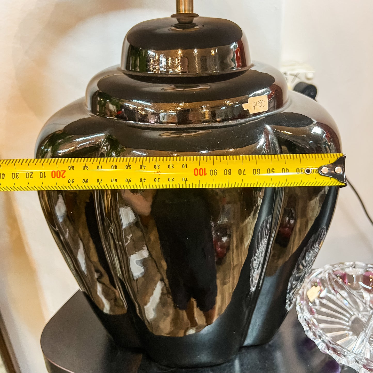 Black Glazed Ceramic Table Lamp with Grey Shade