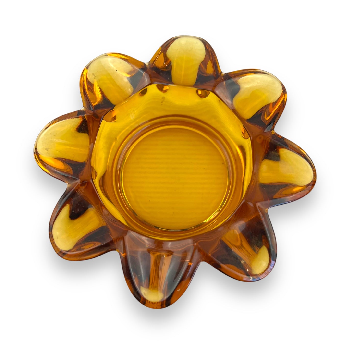 Amber Glass Ashtray or Trinket Dish – Crimped Edge – Mid-Century