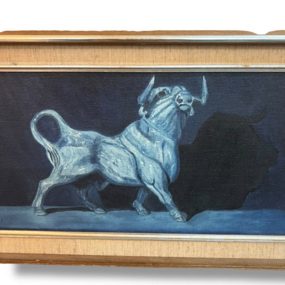 Mid-Century Modern Bull Painting – Monochrome Blue by Hanni
