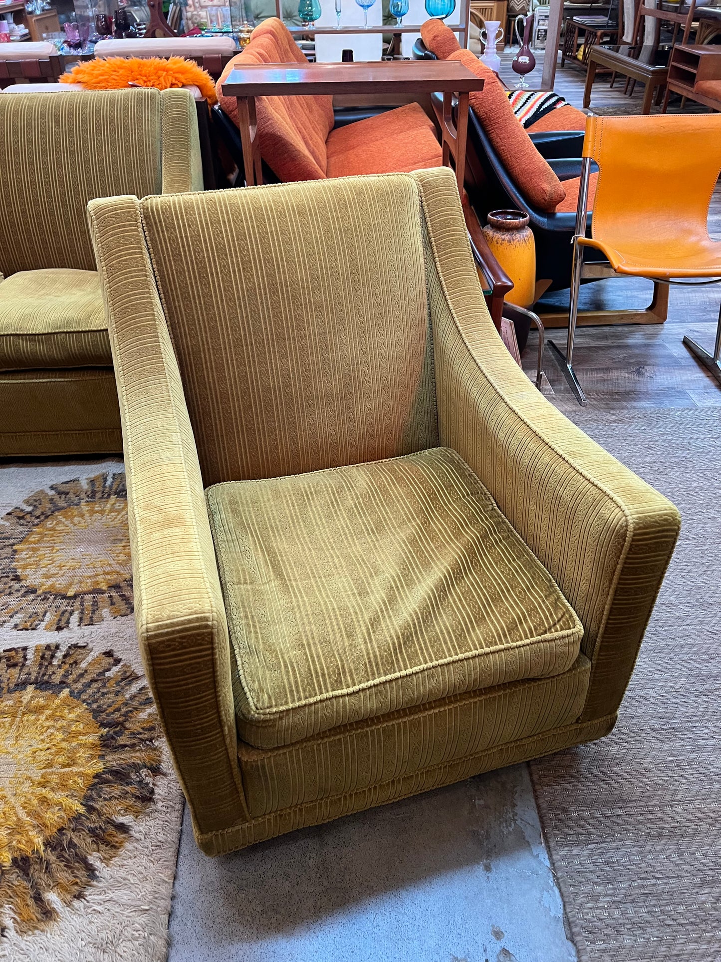 #1 Olive Green Armchair  with stripe patterned upholstery
