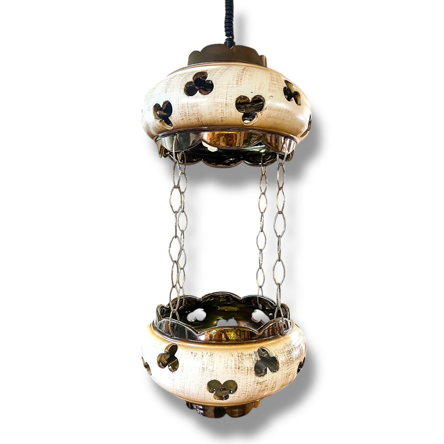 Mid-Century Hanging Planter Light by Aust Skills Co. (Model PL207) — Ceramic & Brass Double-Tier Pendant