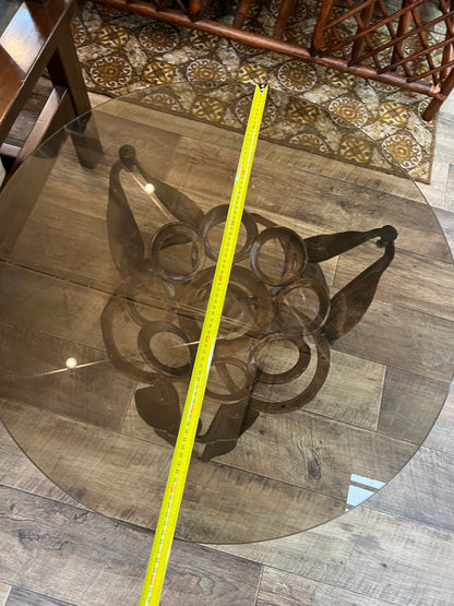 Mid Century Australian Brutalist Round Coffee Table with Smoked Glass Top
