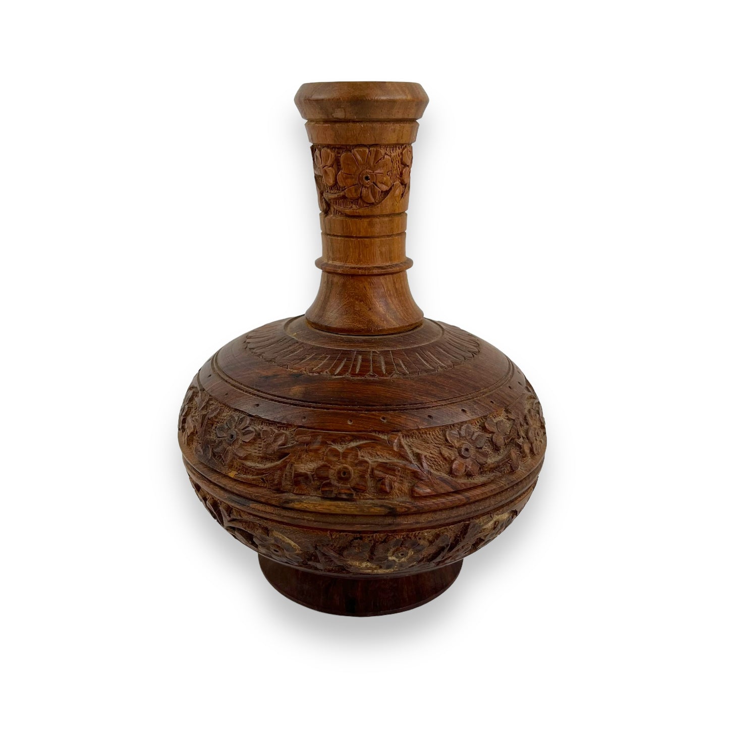 Wooden flower carved skinny neck vase