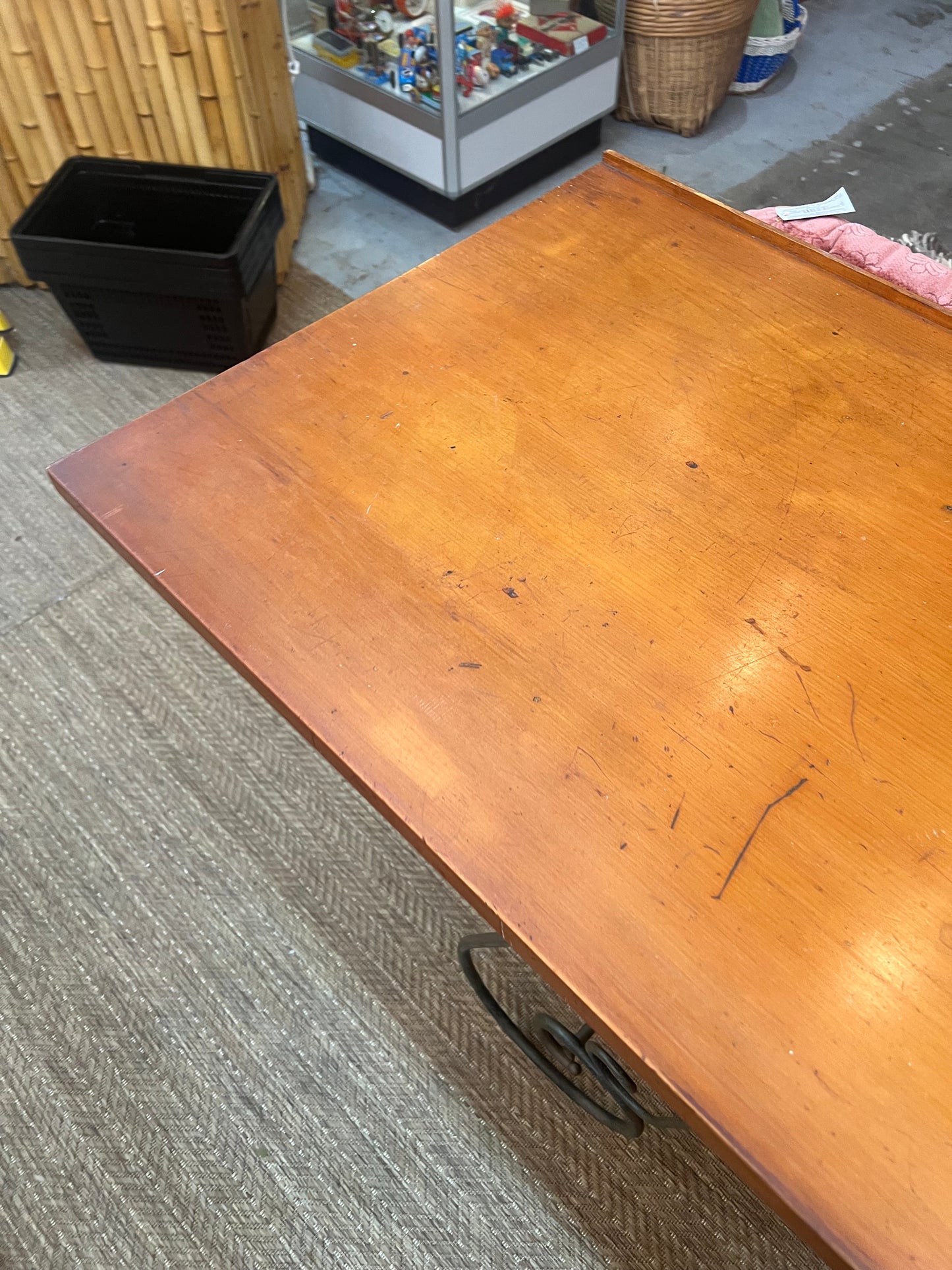 Vintage Timber Bar Table / Kitchen Island / Console Table with Wrought Iron Curly Base