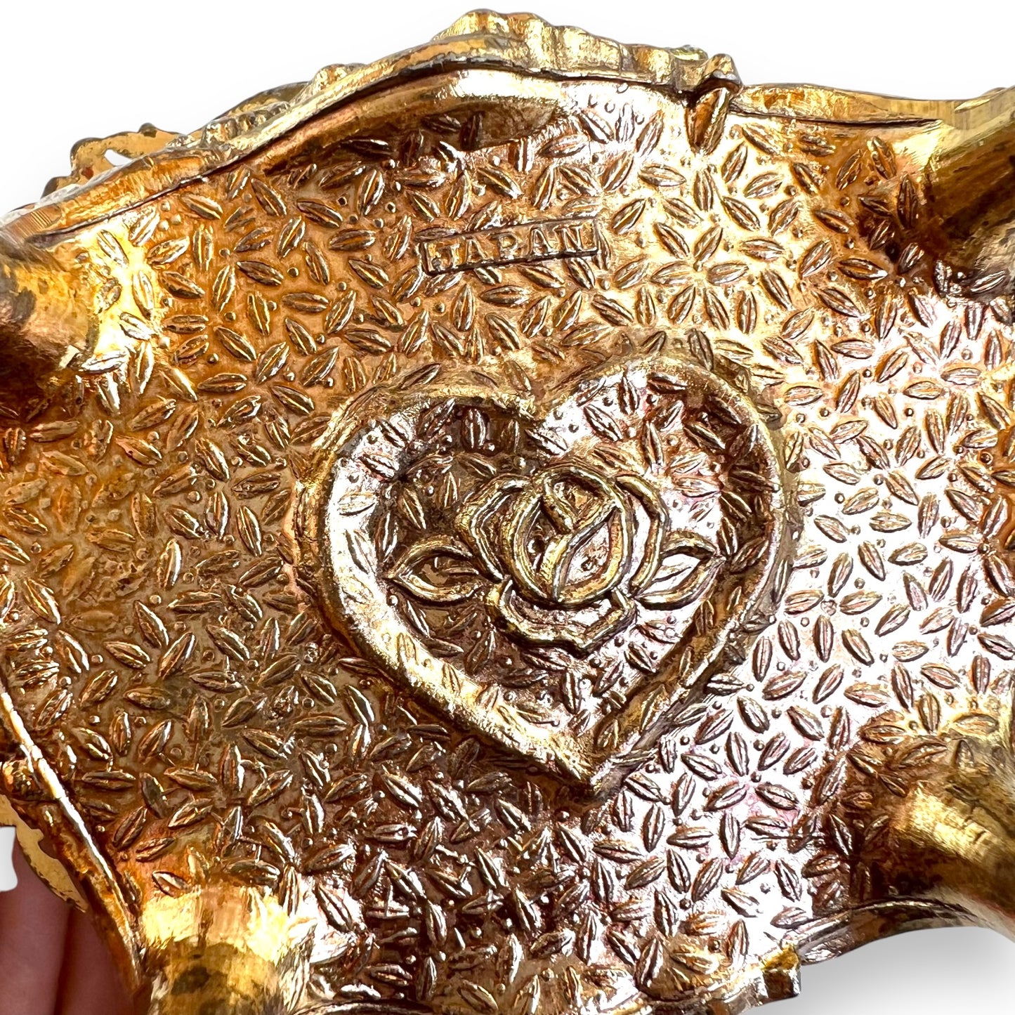 Ornate Jewelry Box – Made in Japan – Gold Tone Metal with Red Velvet Lining