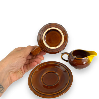 Brown & Yellow Tea Cup, Saucer & cream jug