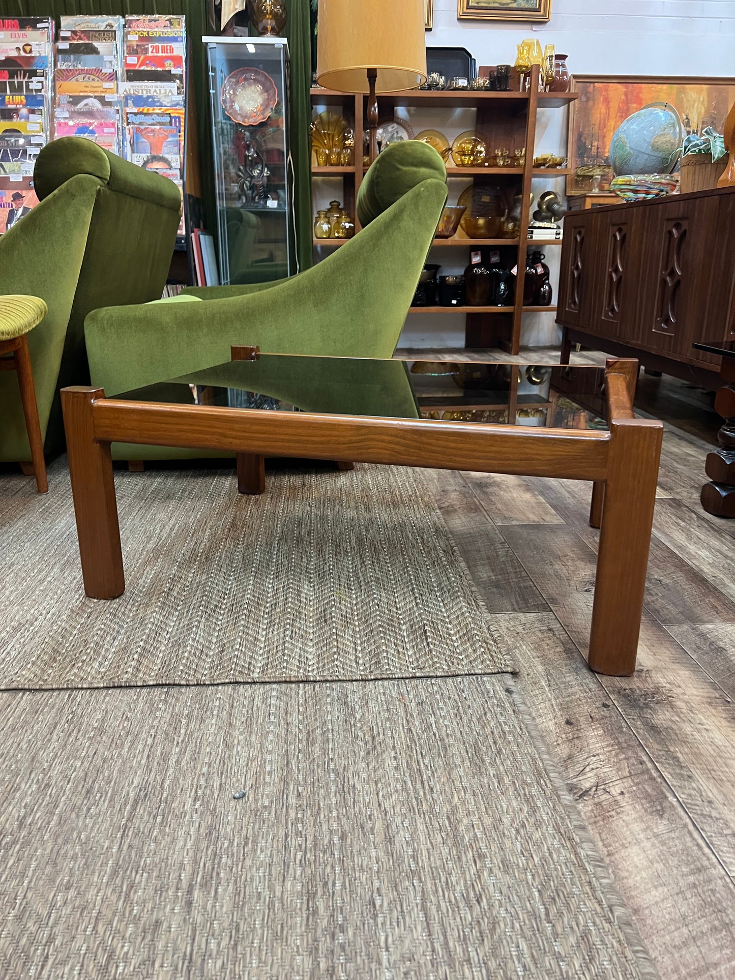 Mid Century Cedar Coffee Table with Smoked Glass Top