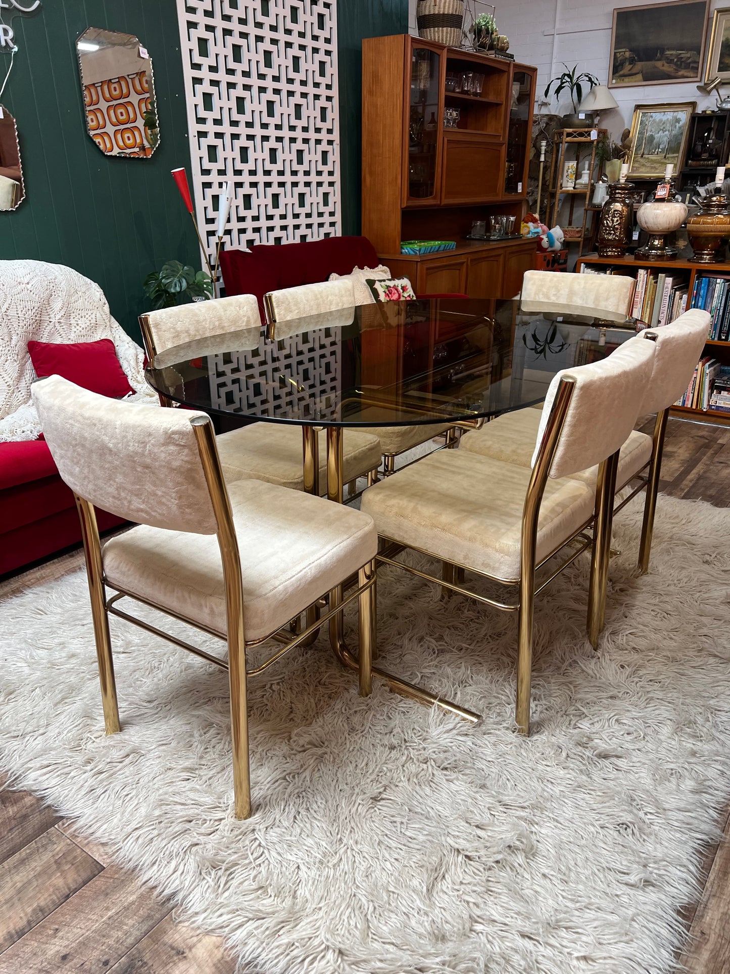 Brass & Smoked Glass Dining Table with 6 Chairs cream upholstery