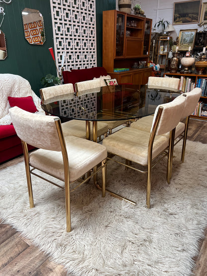 Brass & Smoked Glass Dining Table with 6 Chairs cream upholstery