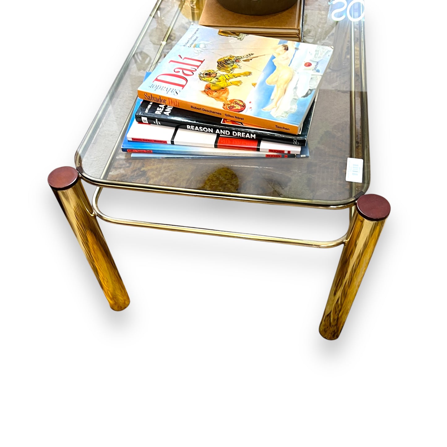 Brass tubular coffee table rectangle with Smokey glass top