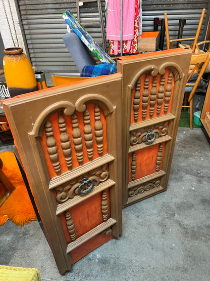 Pair of Vintage Orange Vinyl Bar Stools with Decorative Timber Backs