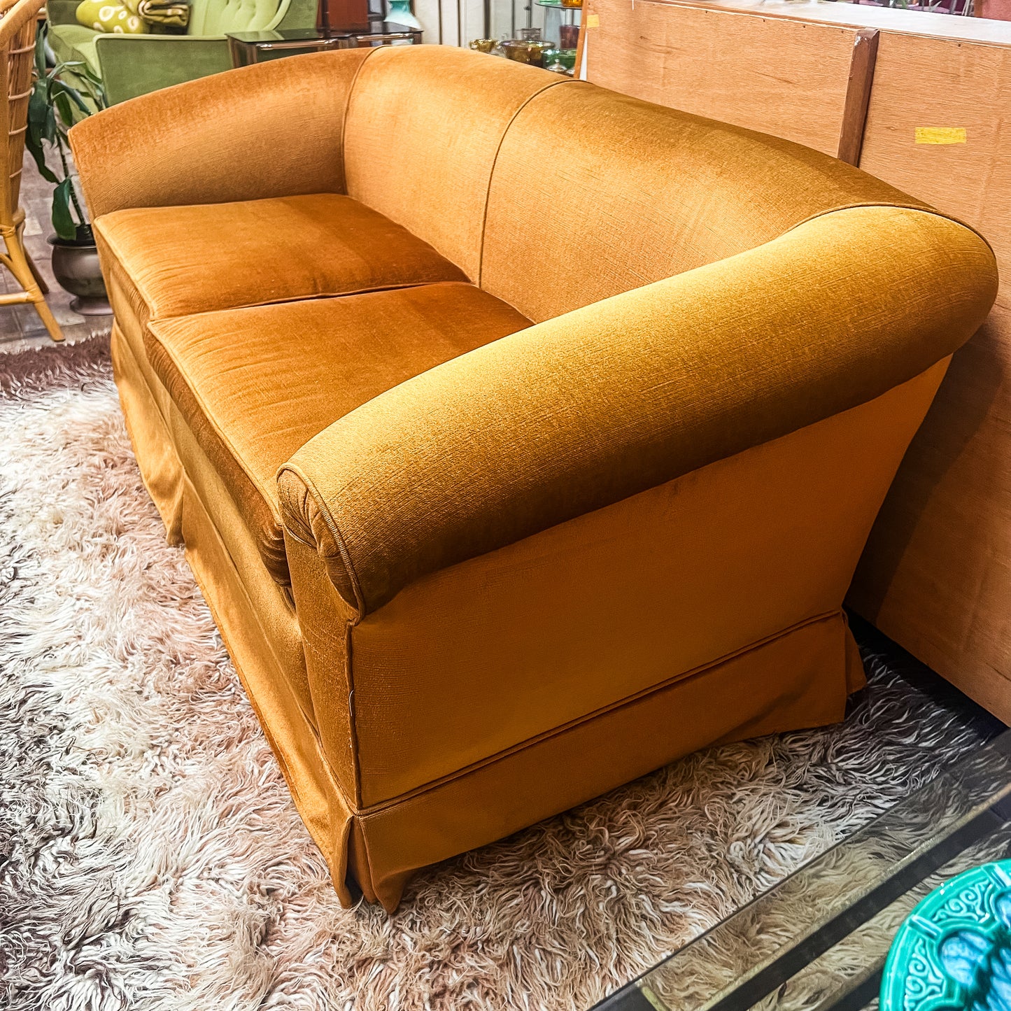 Brown-Gold Velvet Sofa with Rolled Arms
