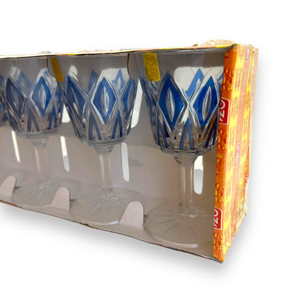 Blue Geometric Wine Glass Set of 6 in Original Box – Mid-Century Modern Style Drinkware