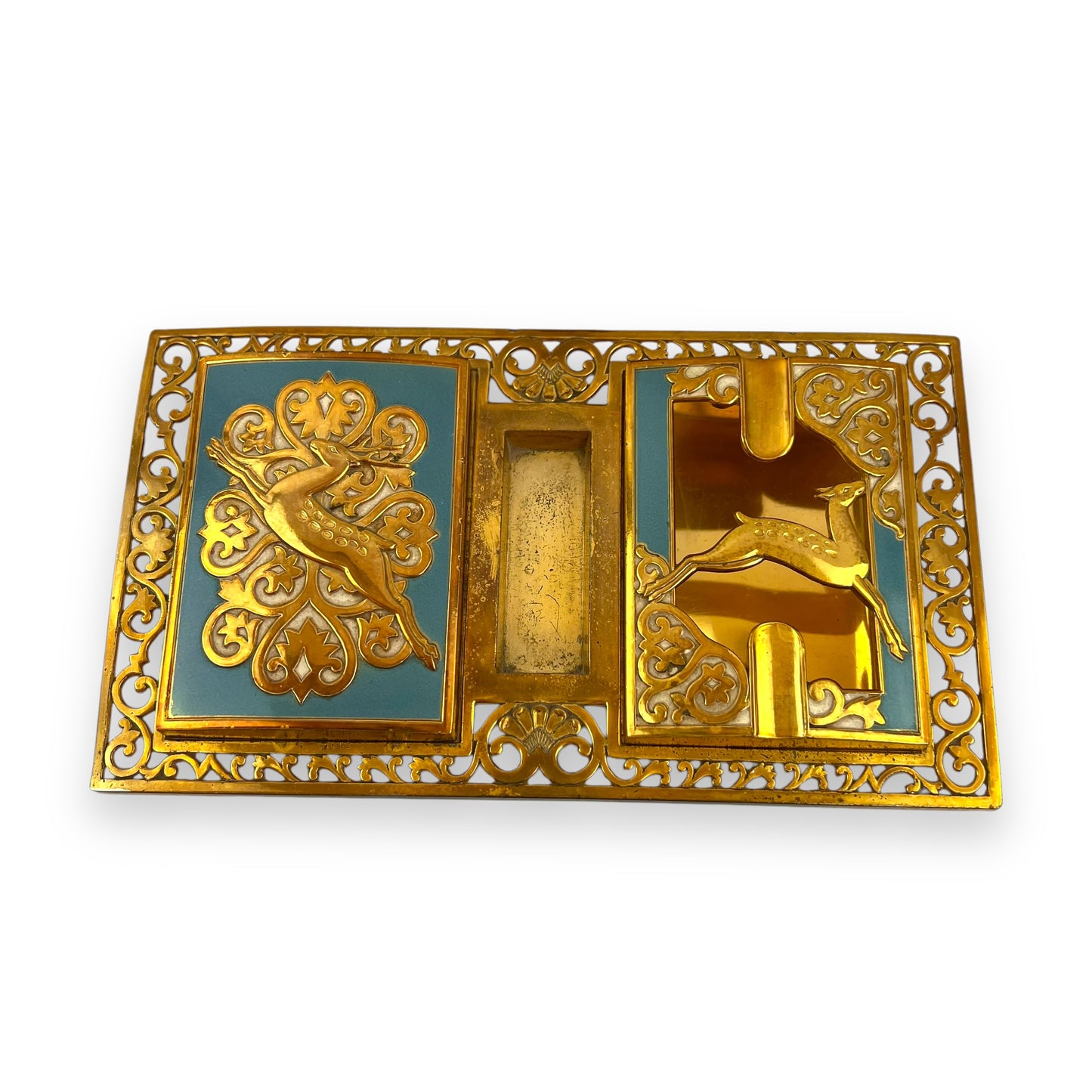 Brass Ornate Cigarette Holder, Lighter, and Ashtray with Leaping Deer Design – Elegant Mid-Century Smoking Set