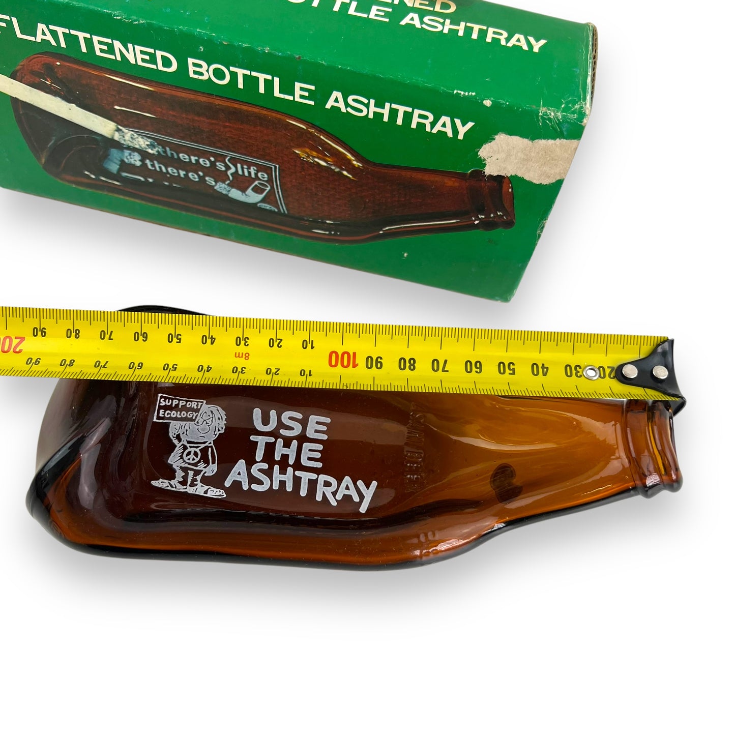 Flattened Bottle Ashtray – 1970s Brown Glass with Original Box