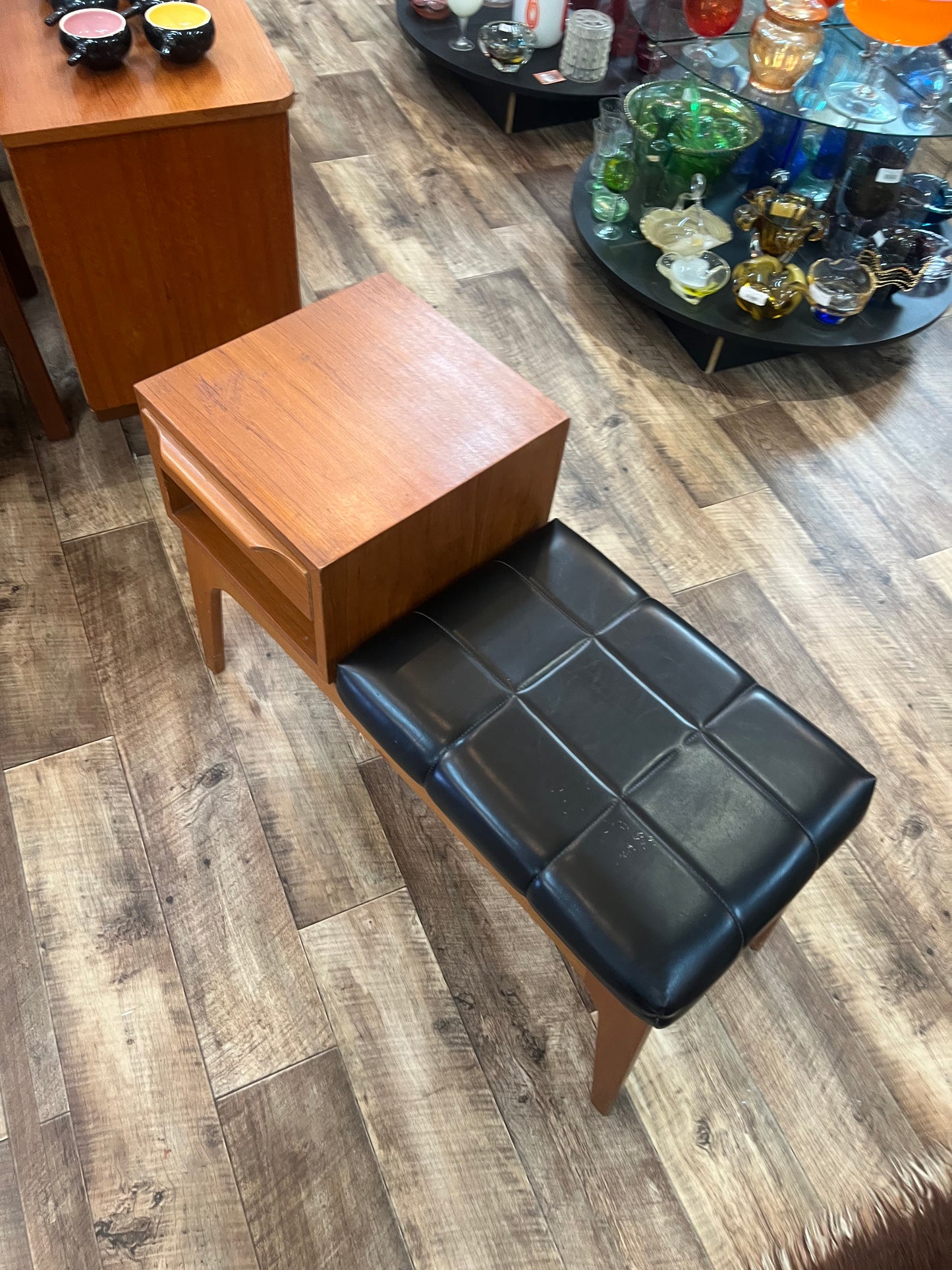 Teak Telephone Bench Seat with Black Vinyl Cushion