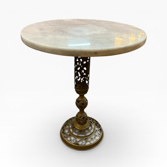 Marble Top Side Table with Ornate Metal Pedestal Base