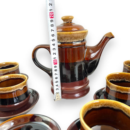 Brown Ceramic Tea Set: Teapot, 6 cups & 6 saucers