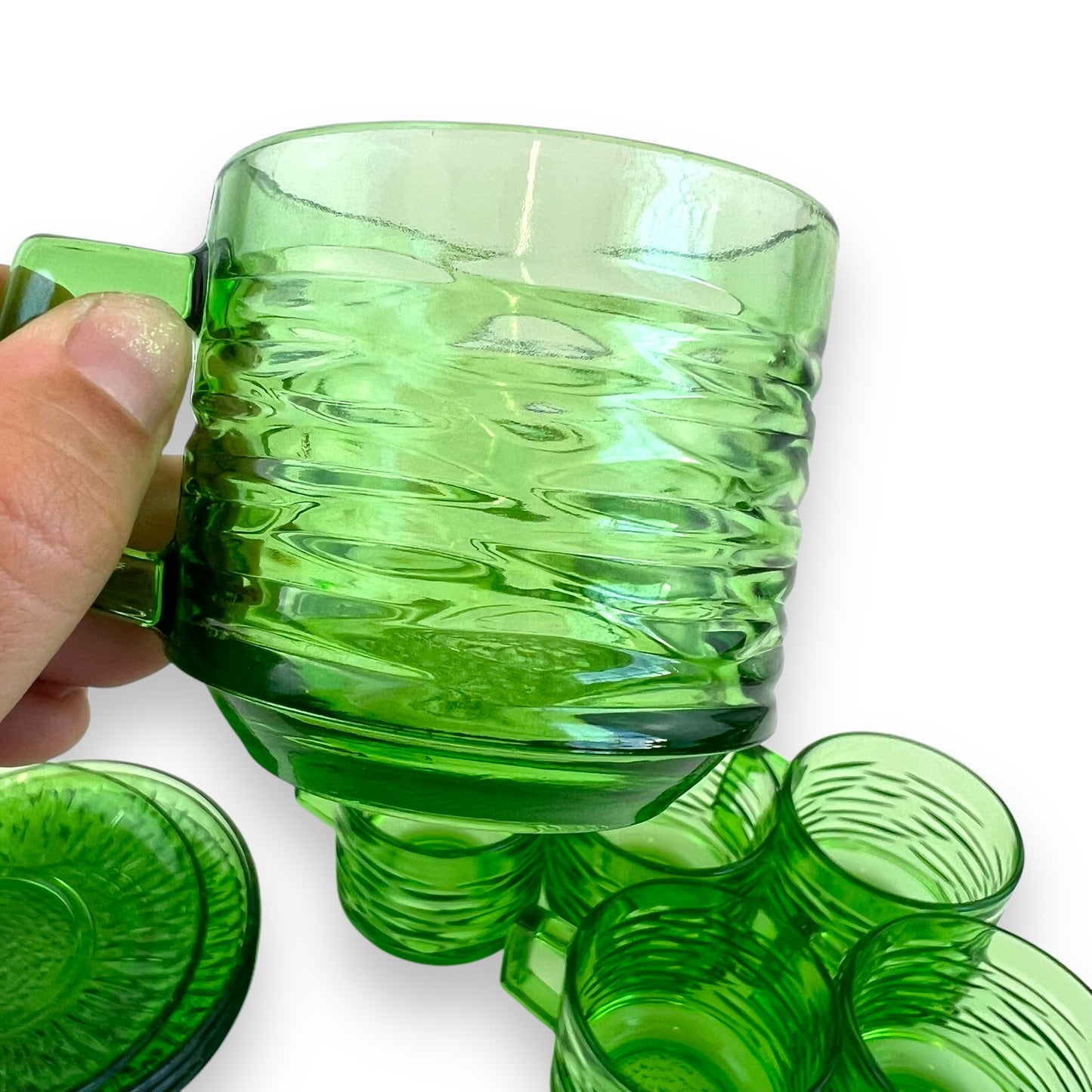 Green glass teacups x6 and 5 matching source plates - made in France