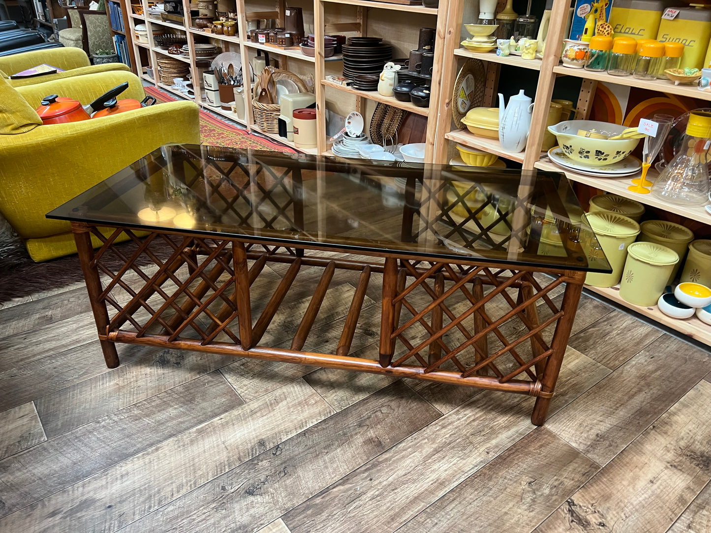 Brown Rattan/Cane Coffee Table with Smoked Glass Top