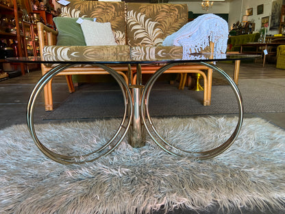 Hollywood Regency Brass & Smoked Glass Coffee Table – Sculptural Triple Ring Base, c.1970s