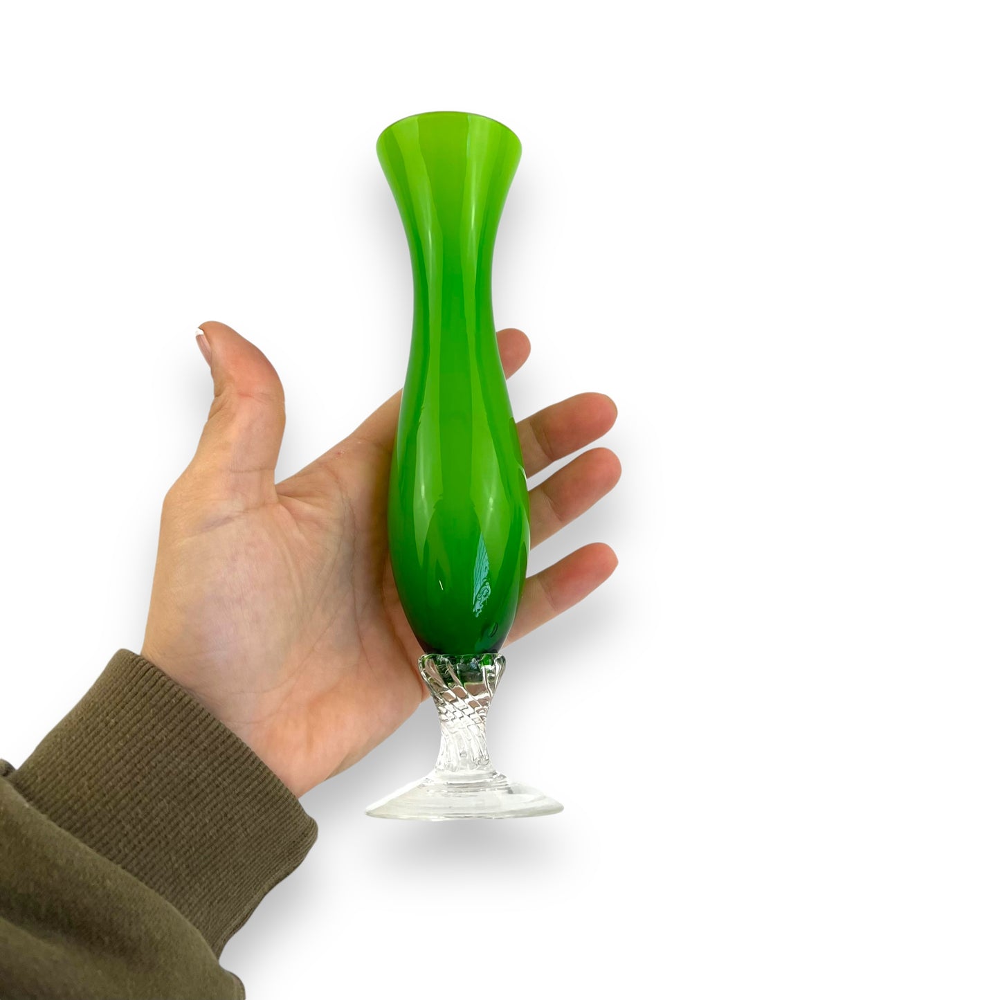 Green glass vase clear twist stem base
