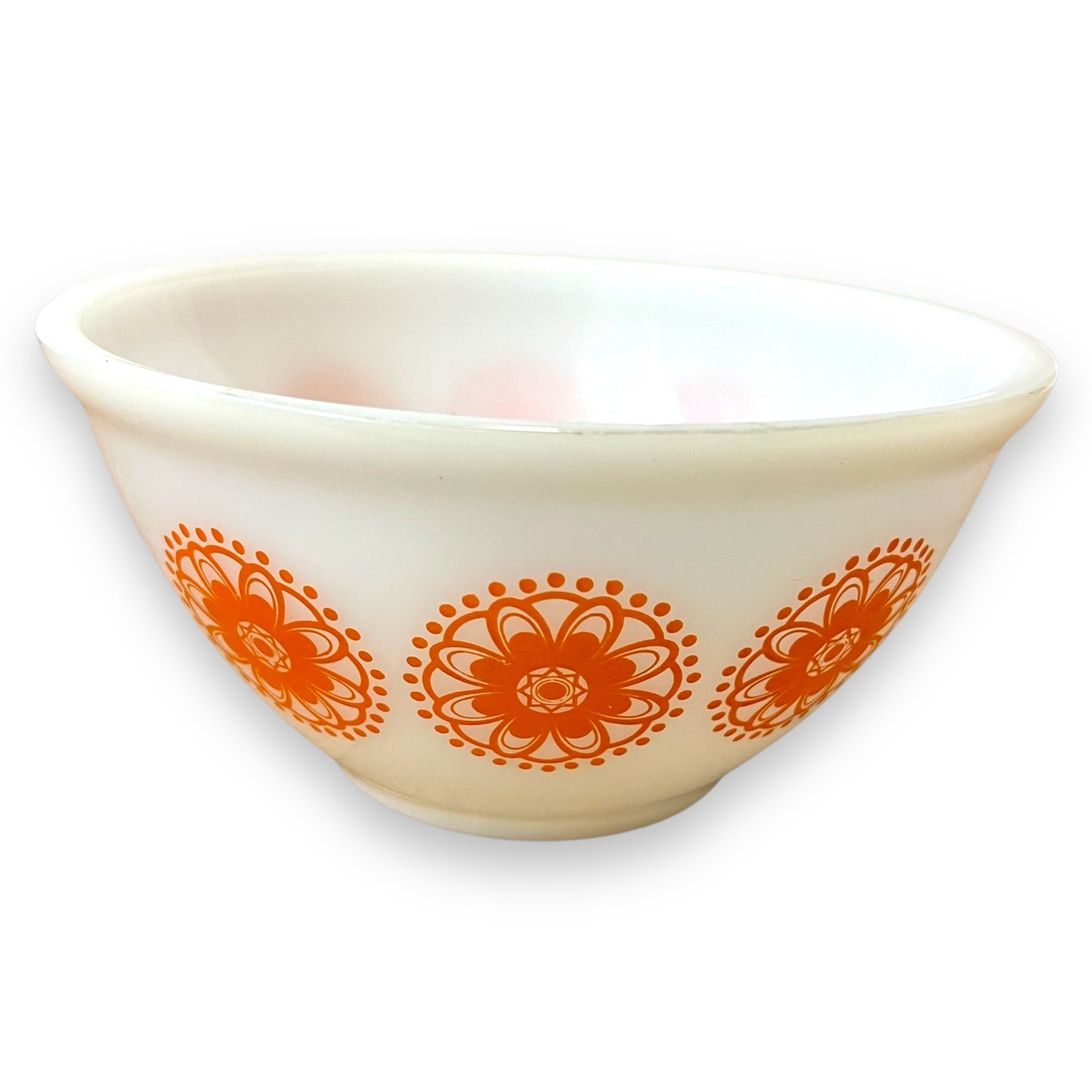 Retro White Glass Mixing Bowl with Orange Floral Pattern