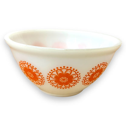 Retro White Glass Mixing Bowl with Orange Floral Pattern
