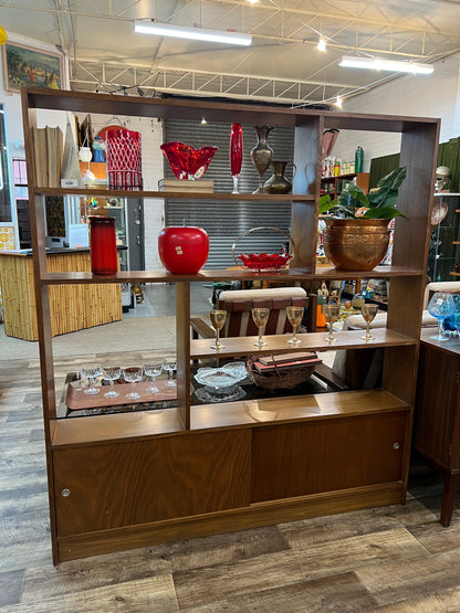 Mid-Century Modern Room Divider Bookcase with Sliding Door Storage