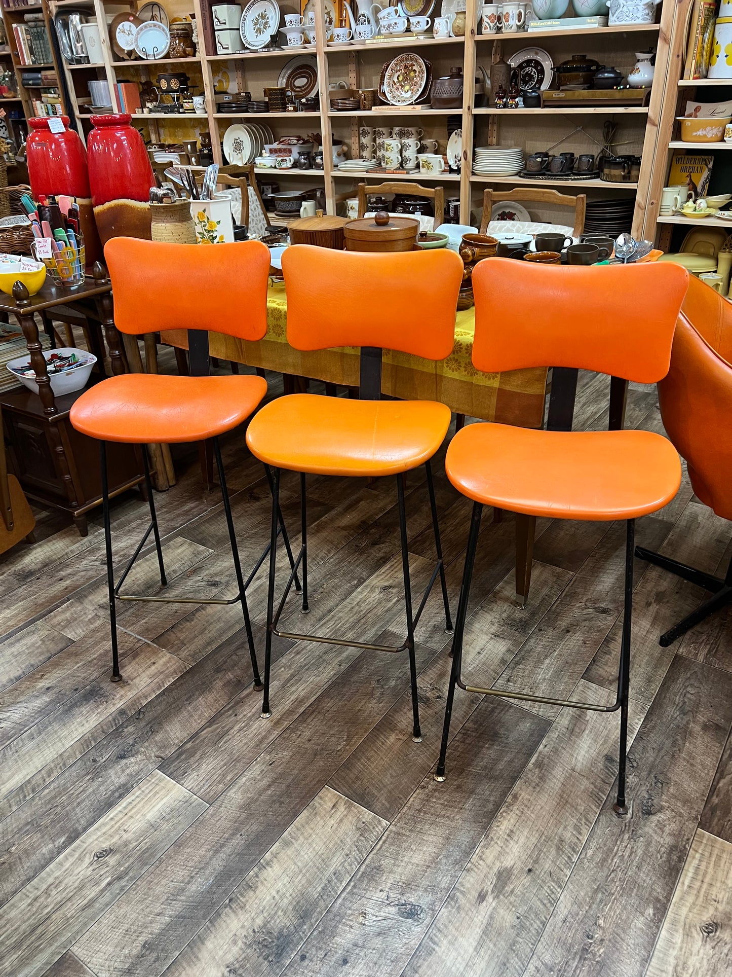 Orange Vinyl Bar Stools – Set of 3
