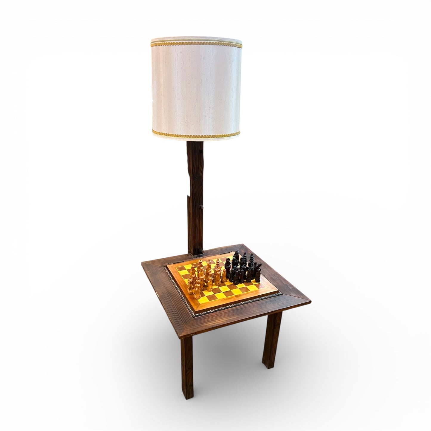 Timber Chess / Games Coffee Table with Hidden Storage Compartment & Lamp