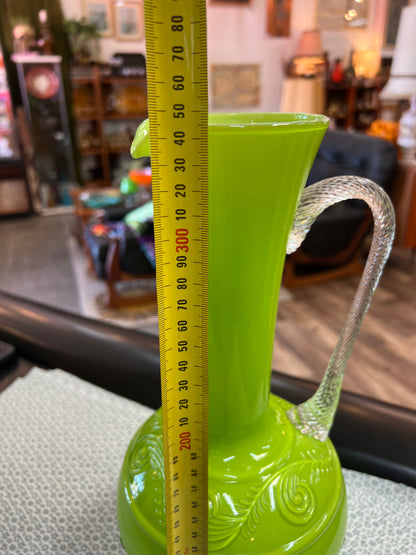 Lime Green Art Glass Ewer Vase with Clear Applied Handle – Decorative Scroll Detail