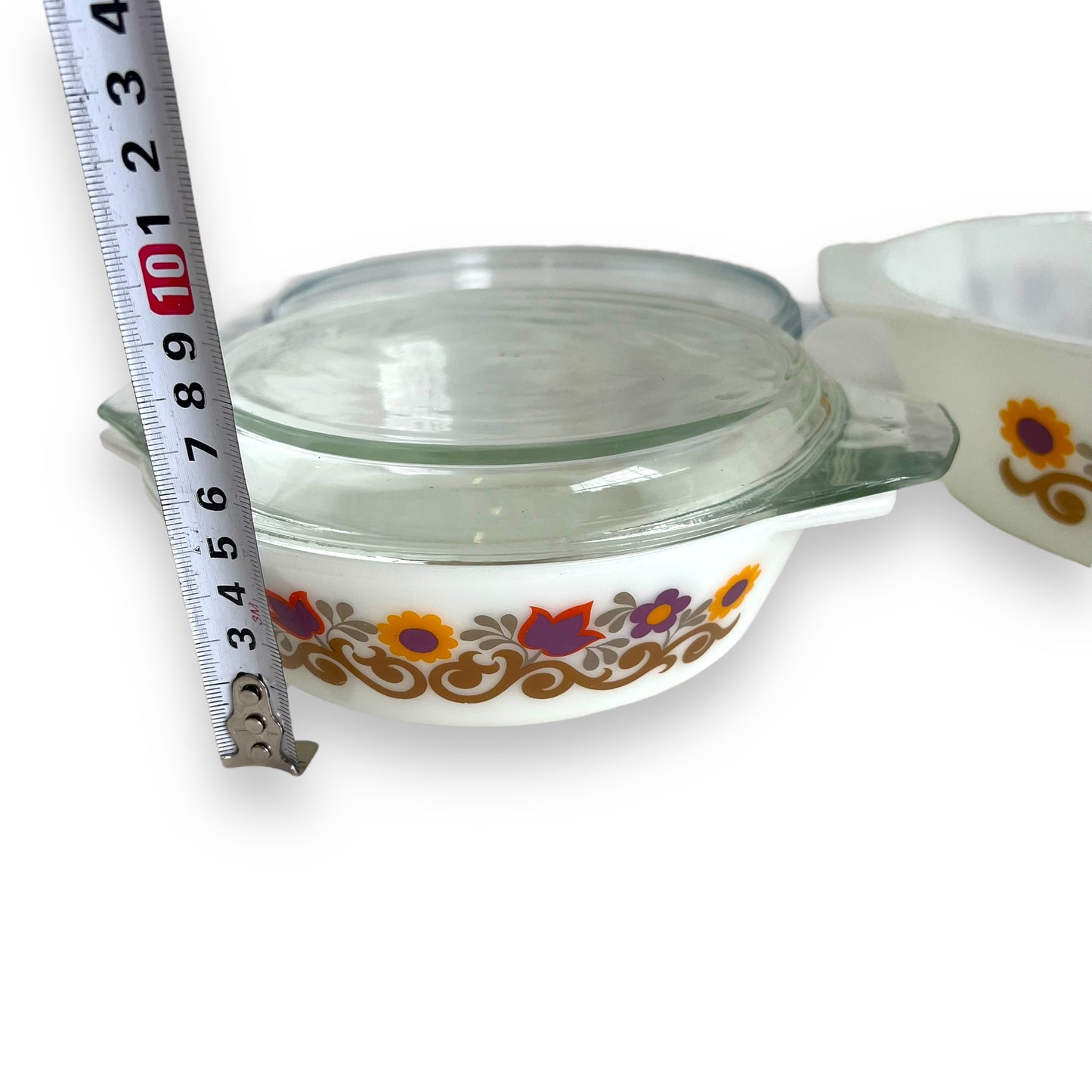 JAJ Pyrex England Briarwood Colourful Flower Dish Set small & large with lids (one lid not original it’s Pyrex)