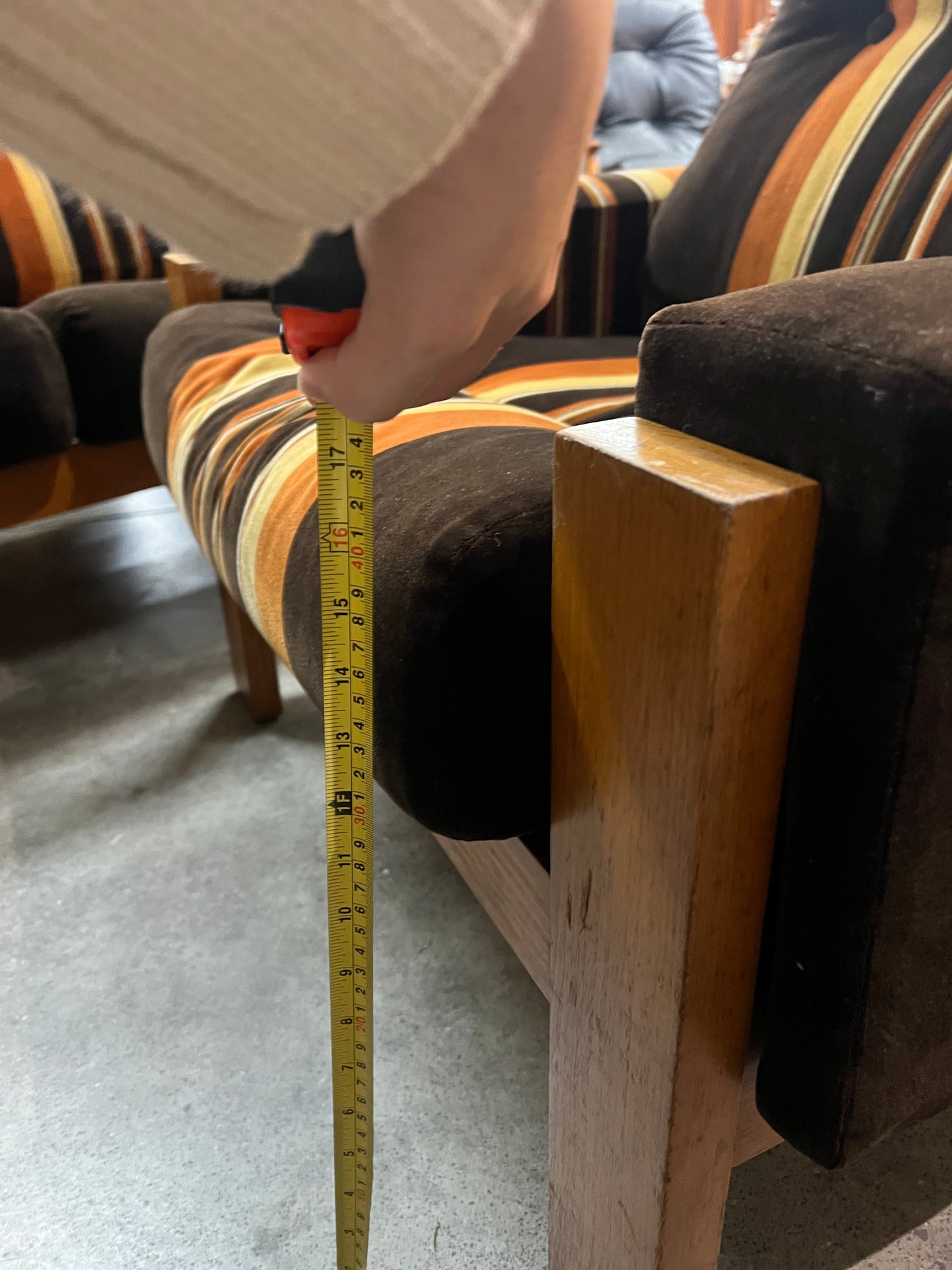 #1 Danish Deluxe Armchair – Original Brown, Orange & Gold Striped Upholstery