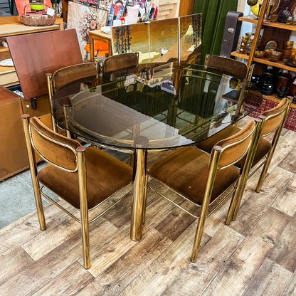 Brass & Smoked Glass Dining Table with 6 Chairs 