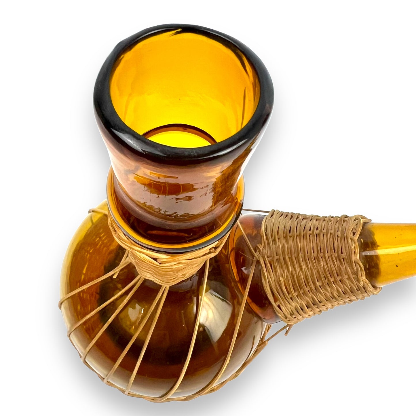 Vintage 1950s Amber Glass Woven Rattan Porron Spanish Decanter - Missing Stopper