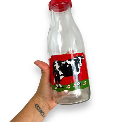 Set of 2 Vintage French Glass Milk Bottles with Cow Design