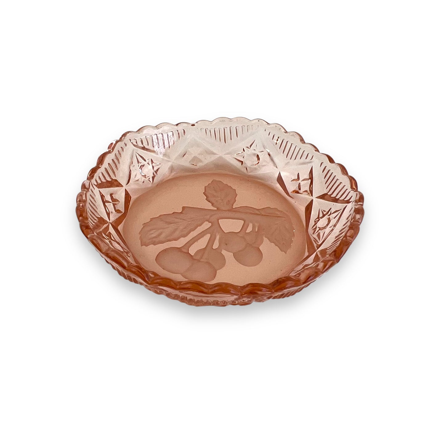 Pink Depression Glass Dish – Etched Cherry Motif Trinket Bowl