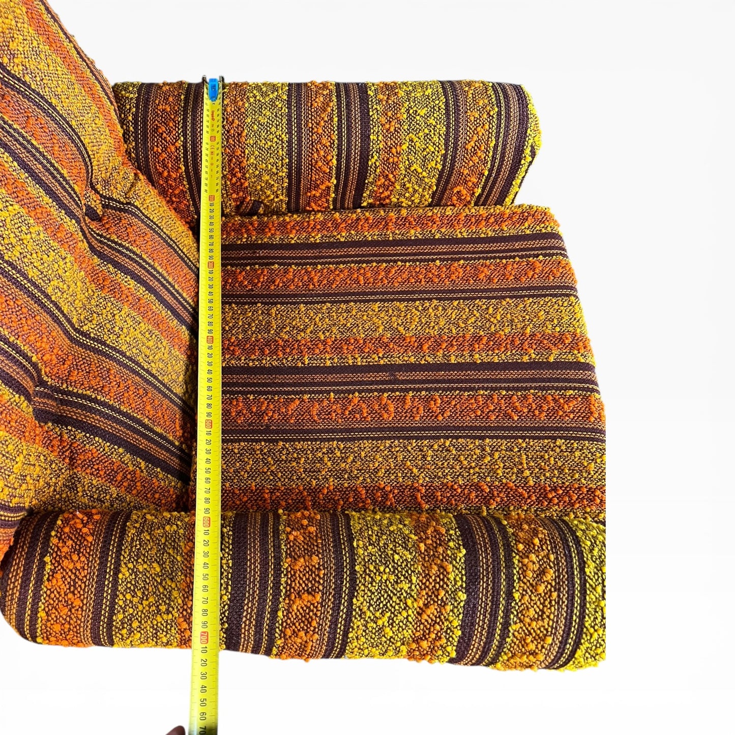 VanderOza Mid-Century Armchair in Original yellow, orange and brown Textured wool Stripe Upholstery