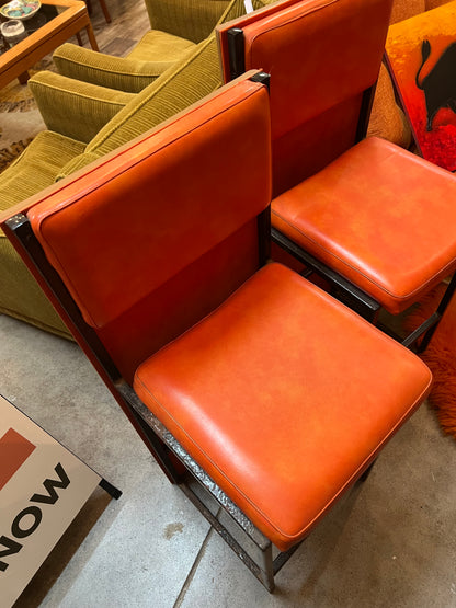 Pair of Vintage Orange Vinyl Bar Stools with Decorative Timber Backs