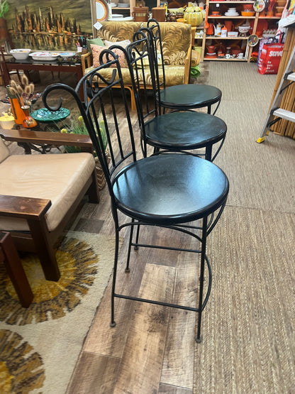 Set of 3 Black Vintage Wrought Iron Bar Stools