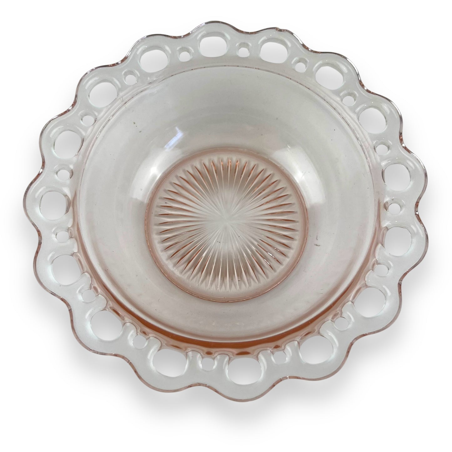 Pink Glass Bowl Lace Cutout Edge