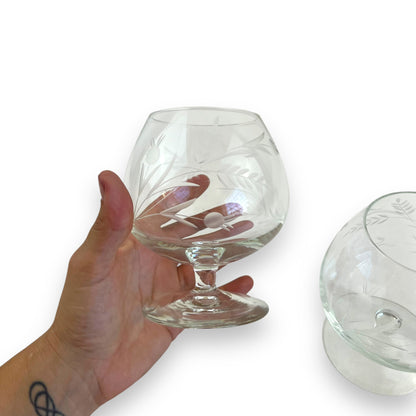Set of 2 Brandy Snifter Glasses with etched wheat pattern