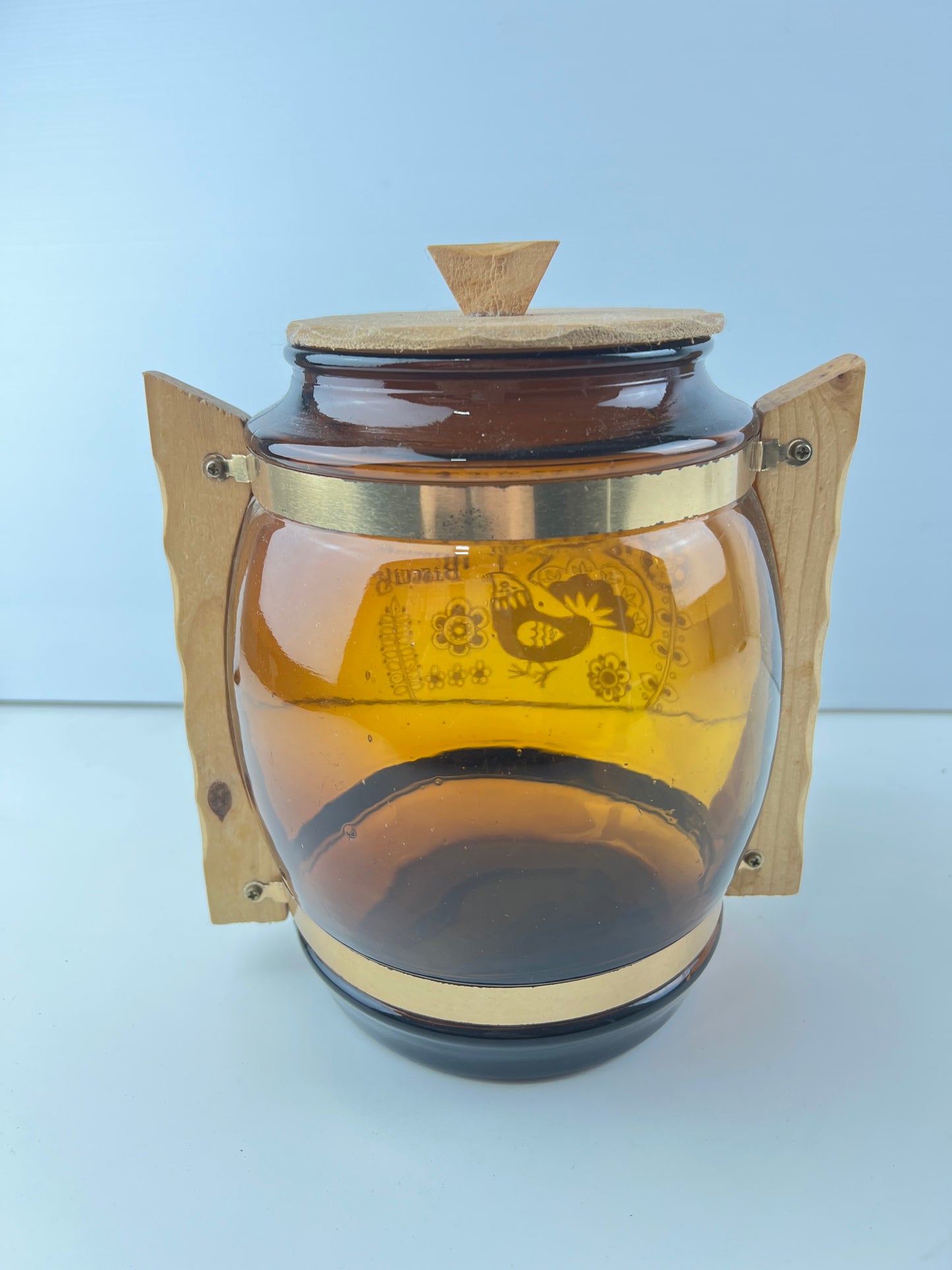 Amber Glass Biscuit Barrel with Timber Handles